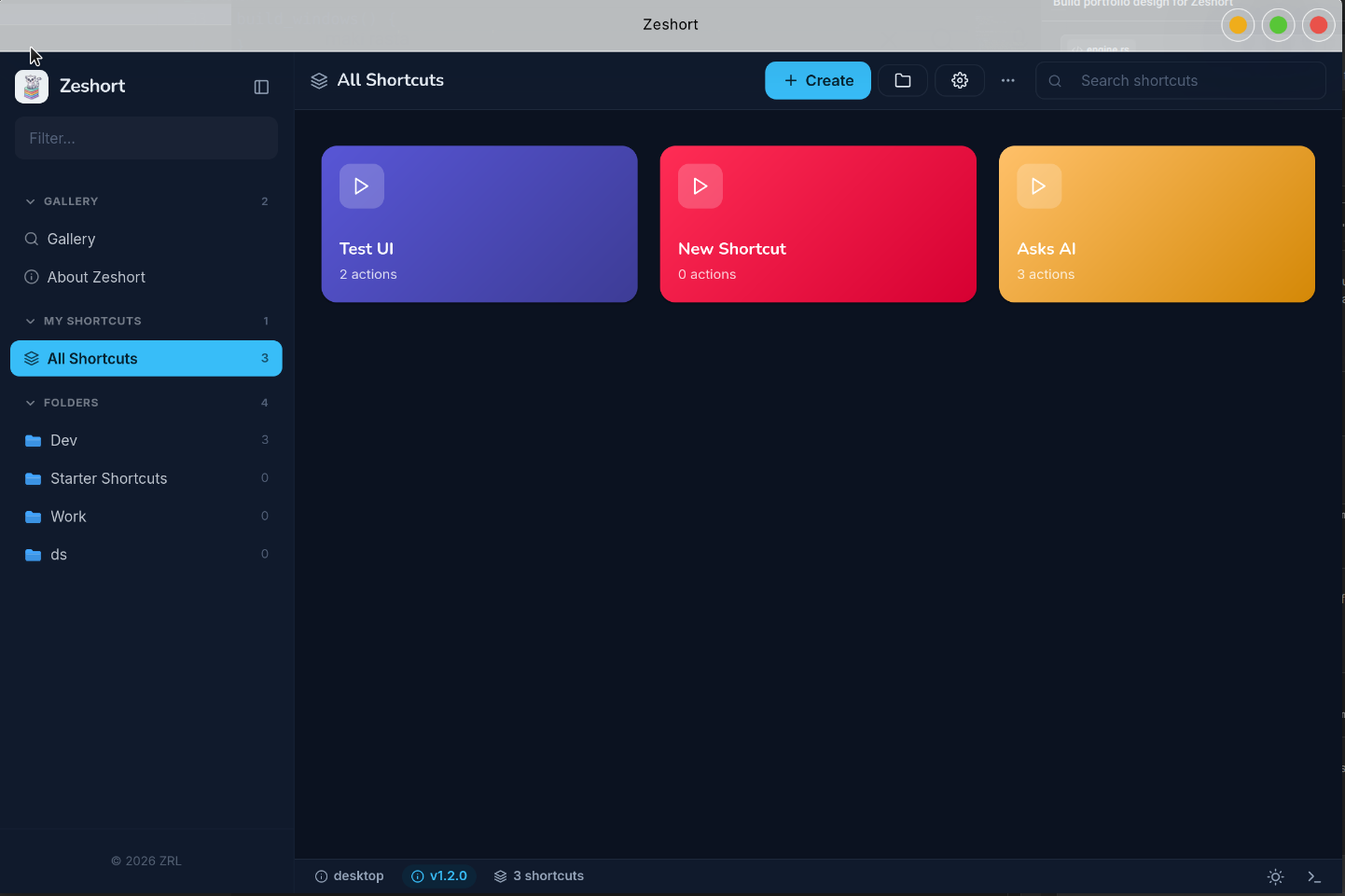 Zeshort in dark mode, showing the All Shortcuts gallery with colored shortcut cards and the folder sidebar