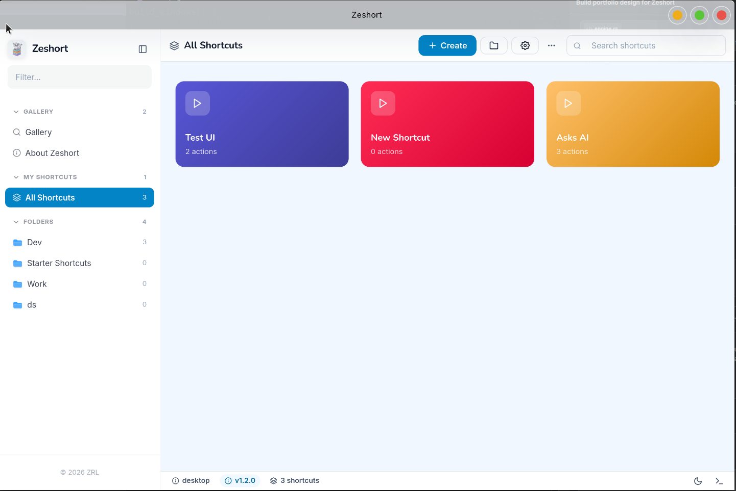 Zeshort in light mode, showing the All Shortcuts gallery with colored shortcut cards and the folder sidebar
